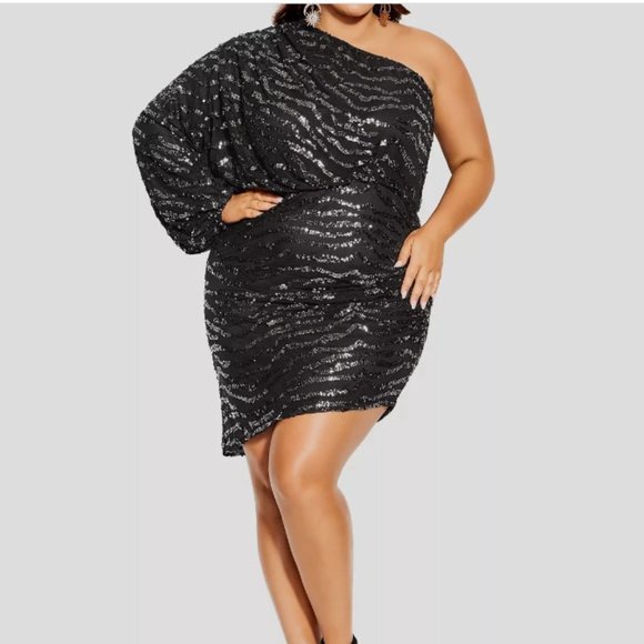 CITY CHIC SEQUIN STRIPE ONE SHOULDER LONG SLEEVE BLACK DRESS sz XXL/24W - Picture 1 of 2